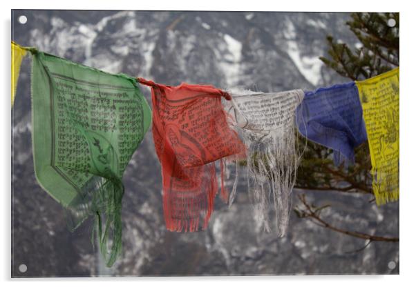 Buddhist Prayer Flags in the mountains of Nepal. Acrylic by Christopher Stores