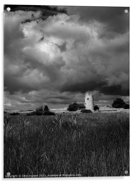 Black and white of the tower at The Snook (Lindisf Acrylic by Clive Ingram