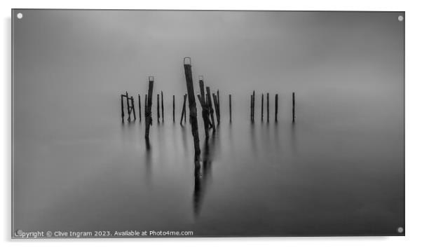 Echoes of Salen Pier: Monochrome Marvel Acrylic by Clive Ingram