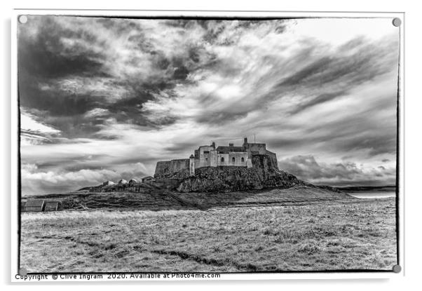 Black and white of Lindisfarne Castle Acrylic by Clive Ingram