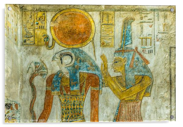 Ancient Painting of the egyptian god Ra and Maat in a tomb Acrylic by Stig Alenäs