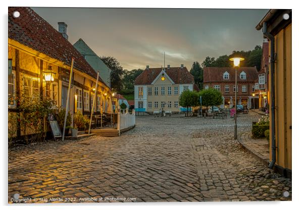 old cobblestone square with a half-timbered hotel in the evening Acrylic by Stig Alenäs