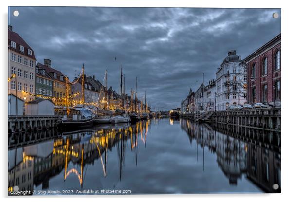 Christmas decorations in Nyhavn are reflected in the water durin Acrylic by Stig Alenäs