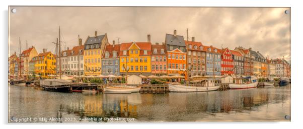panorama of Nyhavn with colorful houses and boats moored at the  Acrylic by Stig Alenäs