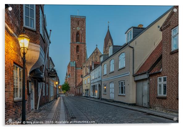 The tower of Ribe cathedral at the end of an old s Acrylic by Stig Alenäs