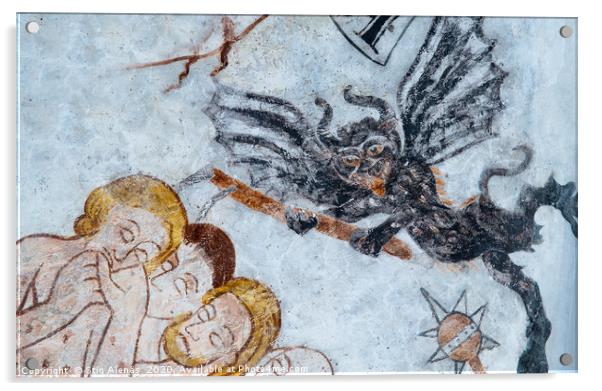 a flying devil attacks some people, a medieval fre Acrylic by Stig Alenäs