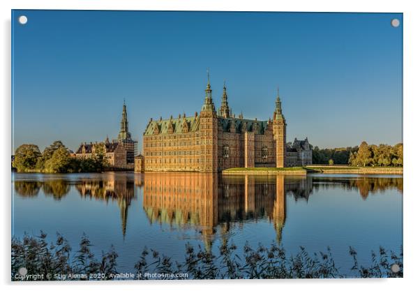 Frederiksborg Castle in a mirror-gloss reflection at surise  Acrylic by Stig Alenäs