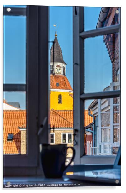 a coffee mug and a laptop in the window frame and a yellow tower Acrylic by Stig Alenäs