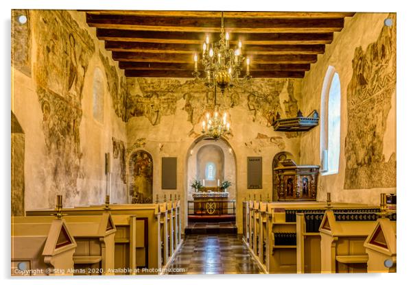 Interior of a medieval church with flat ceiling and romanesque m Acrylic by Stig Alenäs
