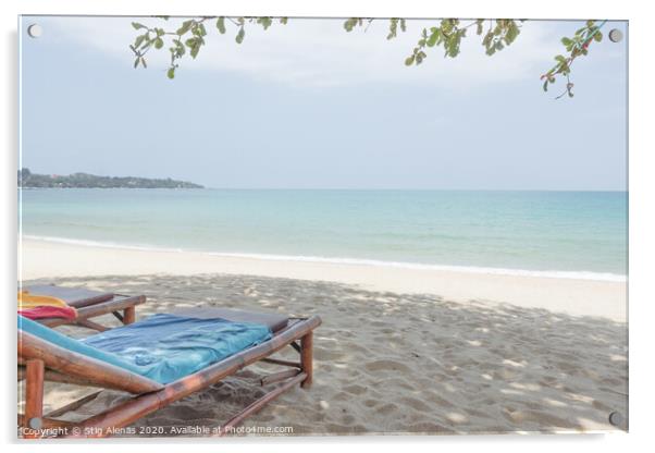 Two sunbeds on a white bounty beach Acrylic by Stig Alenäs