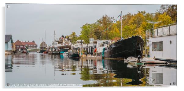 Houseboats in Copenhagen reflecting in the canal  Acrylic by Stig Alenäs