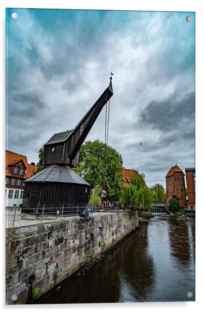 Old crane at the Historic city of Luneburg Germany - CITY OF LUENEBURG, GERMANY - MAY 10, 2021 Acrylic by Erik Lattwein