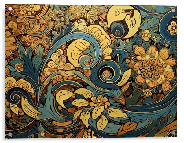 Golden flowers in an abstract pattern Acrylic by Erik Lattwein