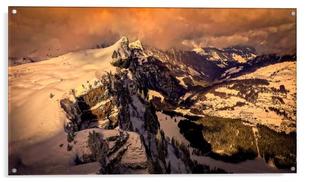 Flight over snow-capped mountains in the Swiss Alp Acrylic by Erik Lattwein