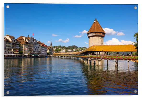 River Reuss and Chapel Bridge in the city of Lucer Acrylic by Erik Lattwein