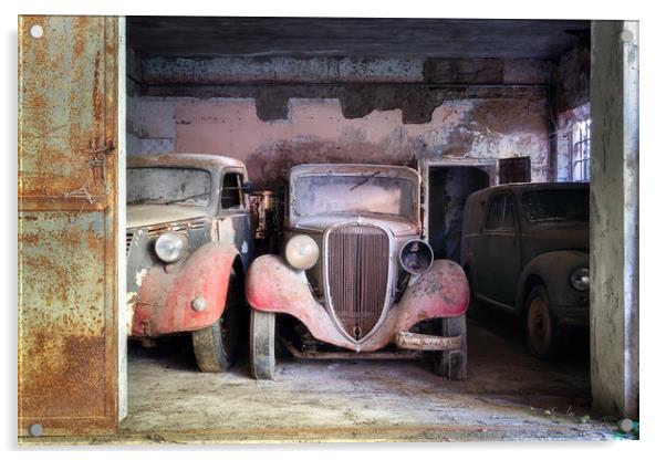 Abandoned Vintage Cars in Garage Acrylic by Roman Robroek