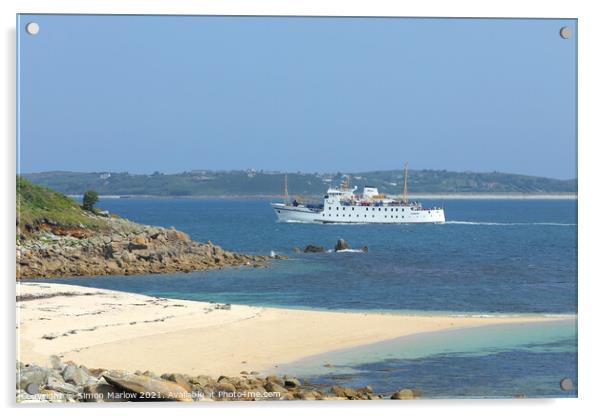 The Scillonian arriving in the Isles of Scilly past the headland Acrylic by Simon Marlow