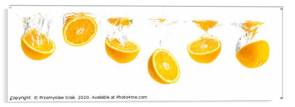 Orange halves splashing into water panorama shoot Acrylic by Przemek Iciak
