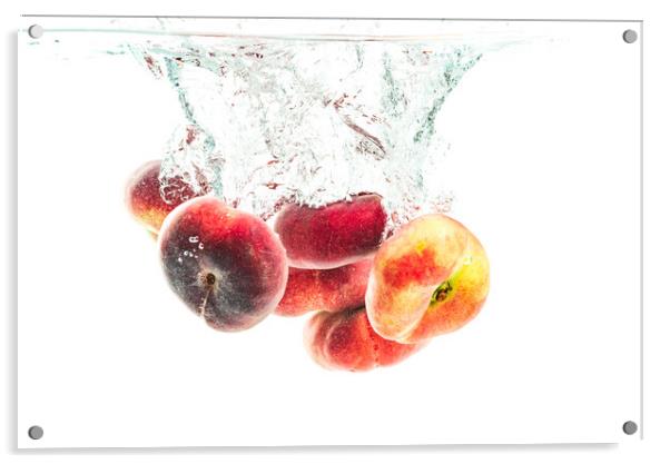 Bunch of doughnut peaches isolated on white, splashing into water. Acrylic by Przemek Iciak