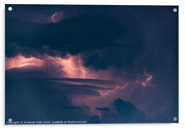 Lightning strike on the dark cloudy sky Acrylic by Przemek Iciak