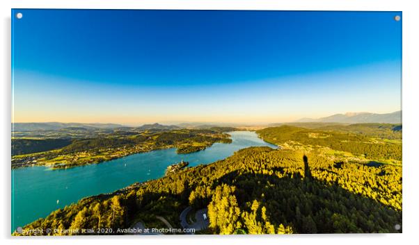 Lake and mountains at Worthersee Karnten Austria. View from Pyramidenkogel tower on lake and Klagenfurt the area. Acrylic by Przemek Iciak