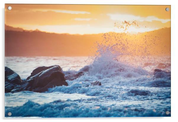 wave breaking on the rocks at sunset Acrylic by federico stevanin