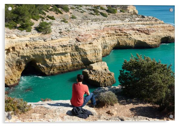 Man looking at a wild hidden secret beach with amazing turquoise water in Algarve, Portugal Acrylic by Luis Pina