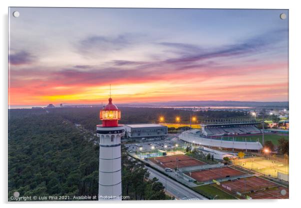 Aerial drone view of Vila Real de Santo Antonio city, lighthouse farol and stadium in Portugal, at sunset Acrylic by Luis Pina