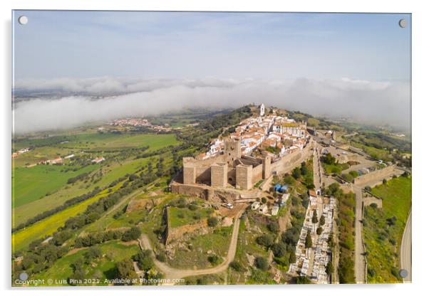 Monsaraz drone aerial view on the clouds in Alentejo, Portugal Acrylic by Luis Pina