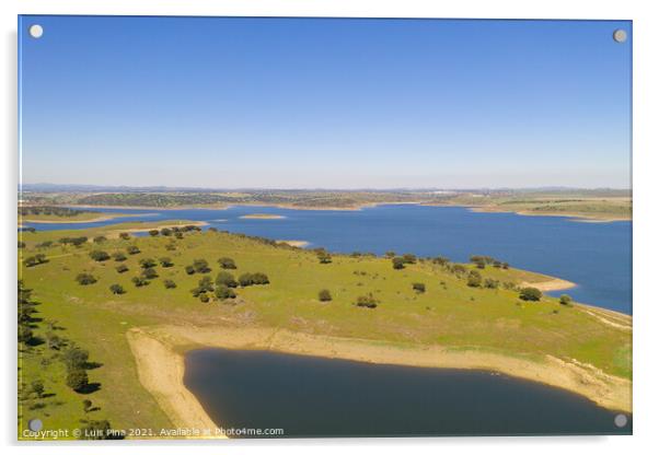 Dam lake reservoir drone aerial view of Barragem do Caia Dam olive trees landscape in Alentejo, Portugal Acrylic by Luis Pina