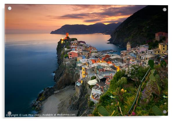 View of Vernazza antique picturesque village in Cinque Terre at sunset Acrylic by Luis Pina