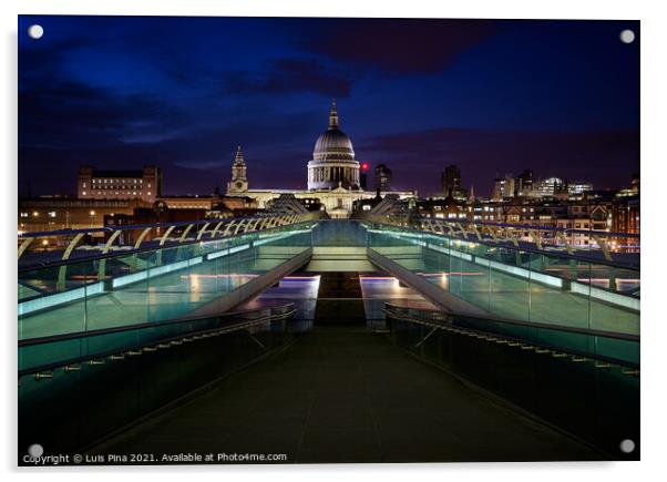 St. Paul's Cathedral and Millenium Bridge in London at night, in England Acrylic by Luis Pina