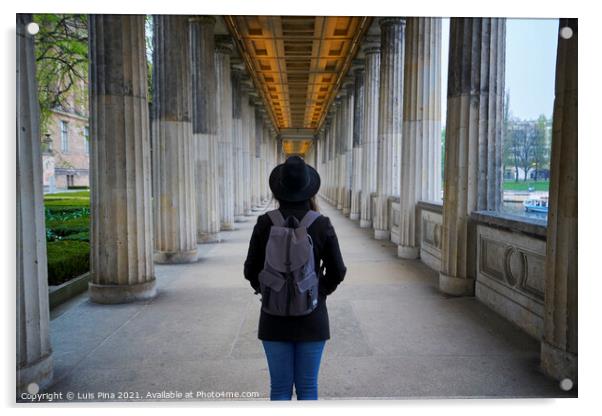 Woman on the middle of the Columns at Alte Nationalsgalerie museum in Berlin Acrylic by Luis Pina