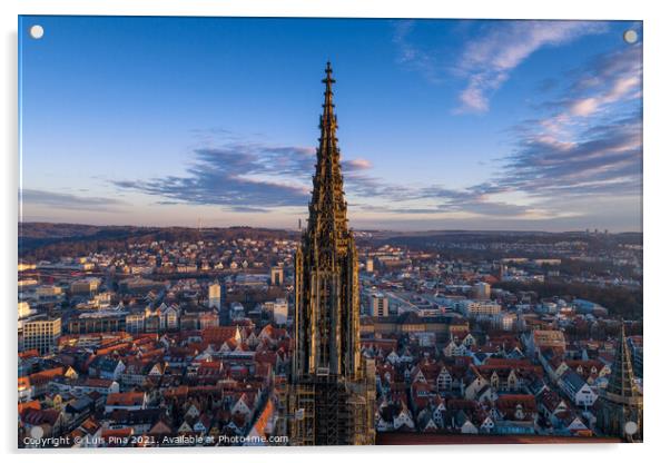 Aerial shot taken with a drone of Ulm Minster at sunrise, in Germany Acrylic by Luis Pina