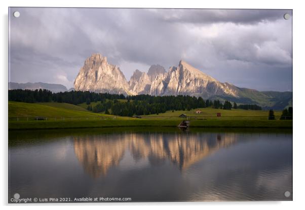 Sassolungo mountains on the Italian Alps Dolomites with water reflection on a lake Acrylic by Luis Pina