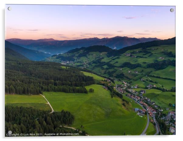 Aerial Drone shot of Santa Magdalena St Maddalena Val di Funes in Dolomites Italian Alps at sunrise Acrylic by Luis Pina
