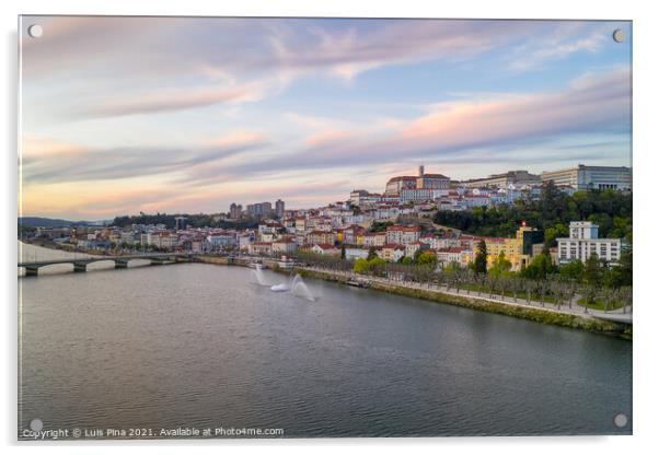 Coimbra drone aerial city view at sunset with Mondego river and beautiful historic buildings, in Portugal Acrylic by Luis Pina
