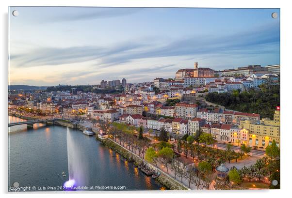 Coimbra drone aerial city view at sunset with colorful fountain in Mondego river and beautiful historic buildings, in Portugal Acrylic by Luis Pina