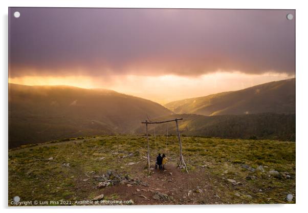 Romantic couple drone aerial view swinging on a Swing baloico in Lousa mountain social distancing, Portugal at sunset Acrylic by Luis Pina