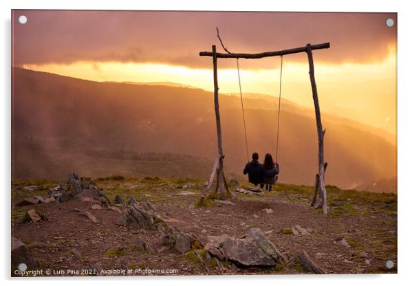Romantic couple social distancing swinging on a Swing baloico in Lousa mountain, Portugal at sunset Acrylic by Luis Pina