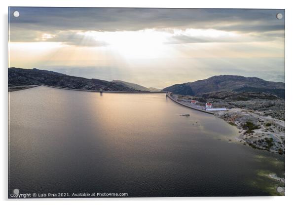 Landscape aerial drone view of Lagoa comprida lake and Marques da Silva dam in Serra da Estrela, Portugal at sunset Acrylic by Luis Pina