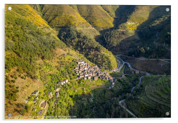 Piodao aerial drone view of schist shale village in Serra da Estrela, Portugal Acrylic by Luis Pina