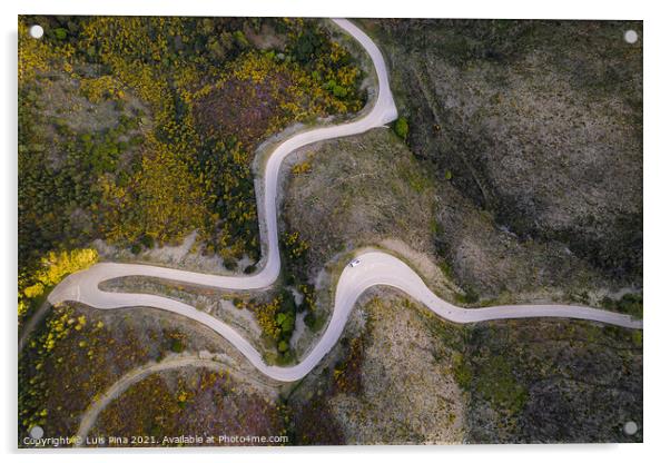 Beautiful drone aerial top view of road with curves in mountain landscape with a van social distancing near Piodao, Serra da Estrela in Portugal Acrylic by Luis Pina