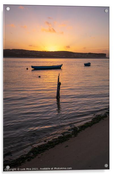 Fishing boats on a river sea at sunset in Foz do Arelho, Portugal Acrylic by Luis Pina