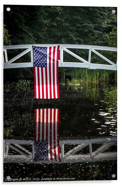 American flag hanging from wooden bridge in Somesv Acrylic by Miro V