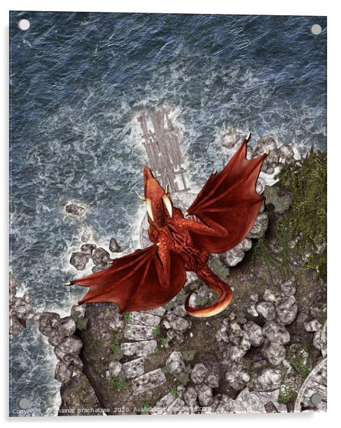 3d Fantasy dragon in mythical island Acrylic by chainat prachatree