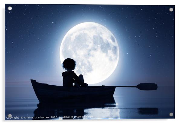 Girl on row boat on the sea under the moonlight,3d Acrylic by chainat prachatree