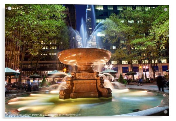 Fountain Bryant Park New York City Night Acrylic by William Perry