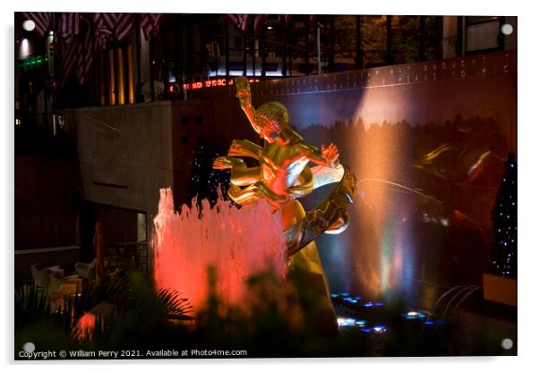 Prometheus Statue Rockefeller Center New York City at Night Acrylic by William Perry