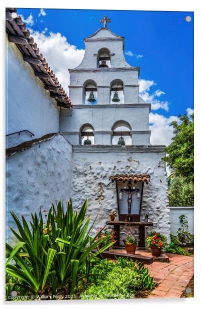 White Adobe Steeple Bells Mission San Diego de Alcala California Acrylic by William Perry